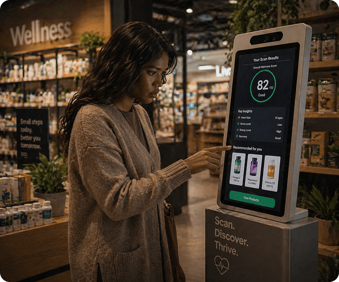 woman conducting a remote biometrics scan with a kiosk