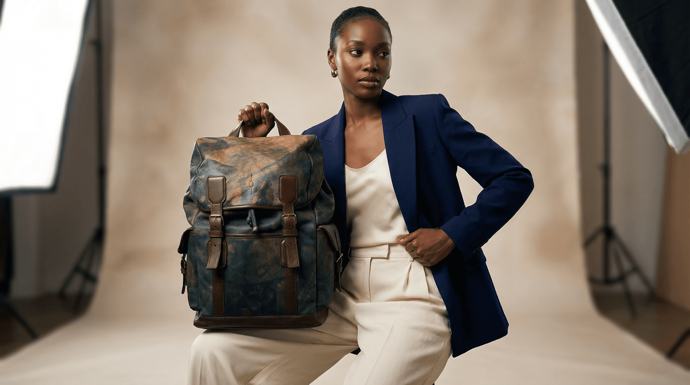 Woman holding the dark green bag