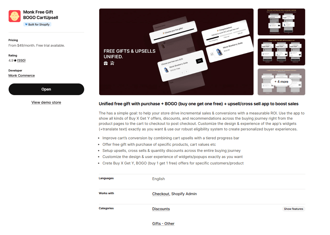 Monk Free Gift+Checkout Upsell for BOGO campaigns on the Shopify App Store