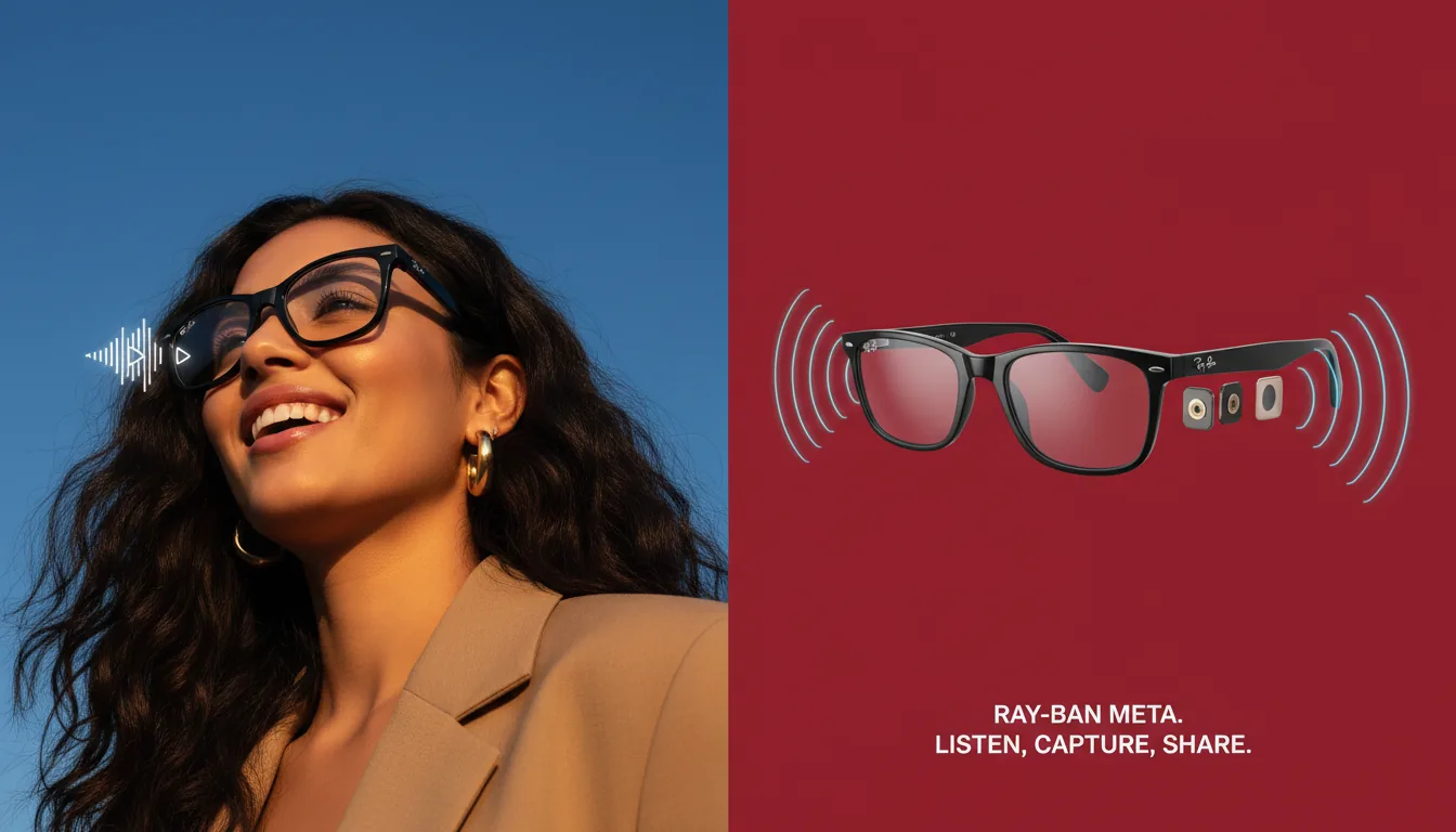 A split-screen, diptych style high-end commercial advertisement. On the left, a low-angle DSLR photograph of a stylish woman with dark wavy hair and gold earrings, wearing black Ray-Ban Meta smart glasses. She is looking up, bathed in bright, golden hour sunlight against a vivid, deep blue sky. She wears a tan jacket. A small, abstract music player UI element floats near her head. On the right, a detailed 3D product render of the glossy black smart glasses against a rich, solid red background. The render features an exploded view of the arm, showing internal micro-speakers emitting glowing blue concentric rings to represent sound waves. Soft studio lighting with sharp reflections.