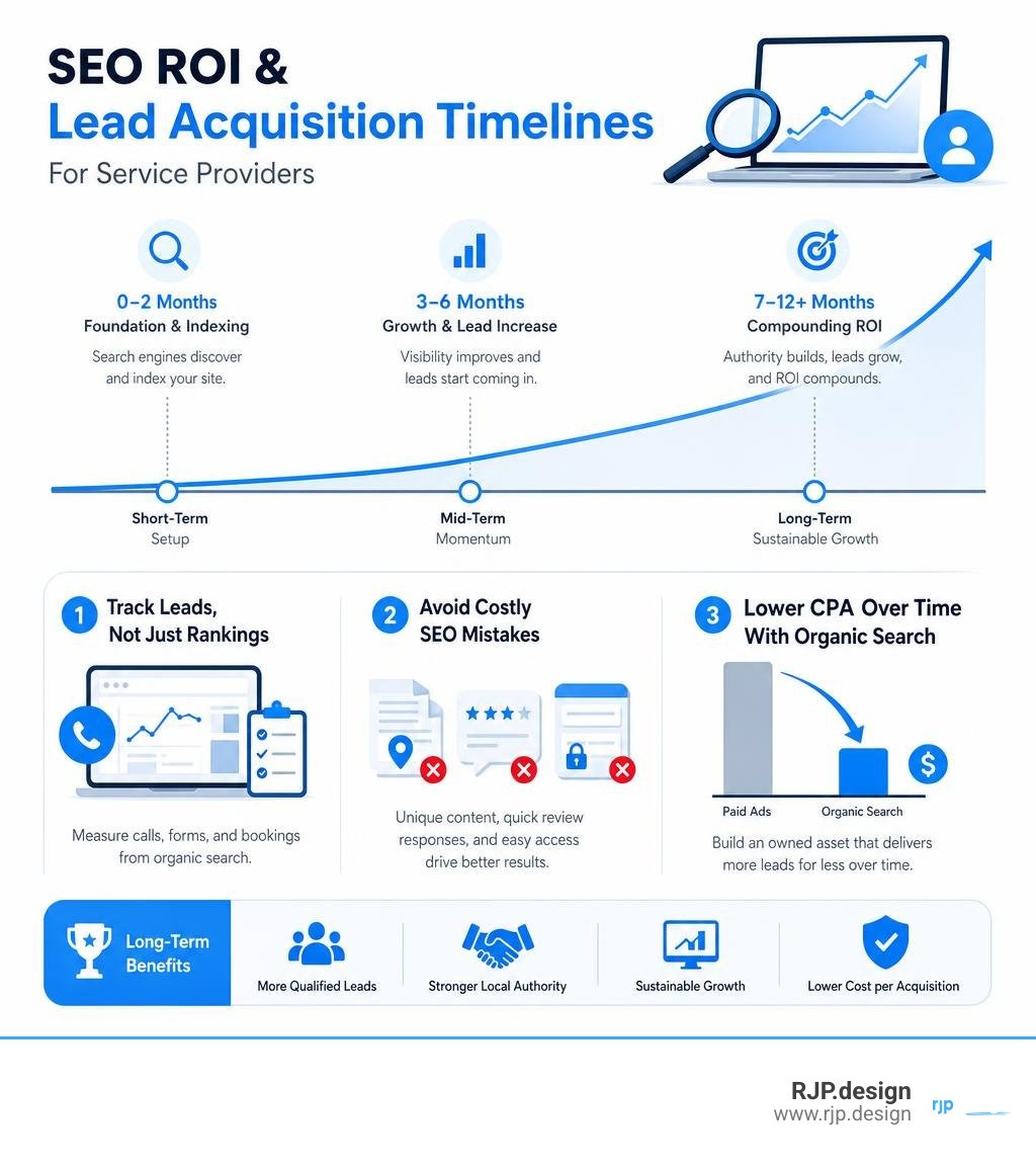 SEO ROI and lead acquisition timelines for service providers infographic