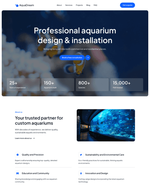 Aquadream Framer template preview showing homepage and about section