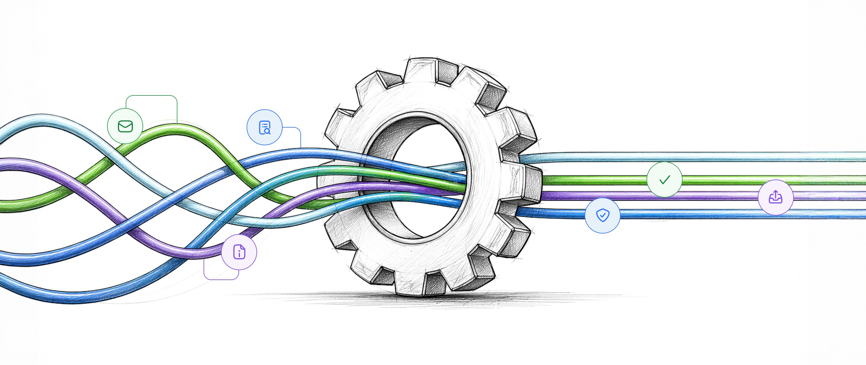 A sketched gear with colorful, intertwined cables connecting icons like an envelope, checkmark, and lock, symbolizing interconnectedness and communication.