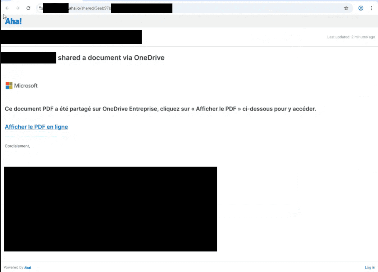 Eine E-Mail-Benachrichtigung, die ein über OneDrive freigegebenes Dokument mit einem Microsoft-Logo anzeigt. Die Nachricht ist in französischer Sprache und zeigt an, dass ein PDF-Dokument geteilt wurde, mit einem Link, um darauf zuzugreifen.