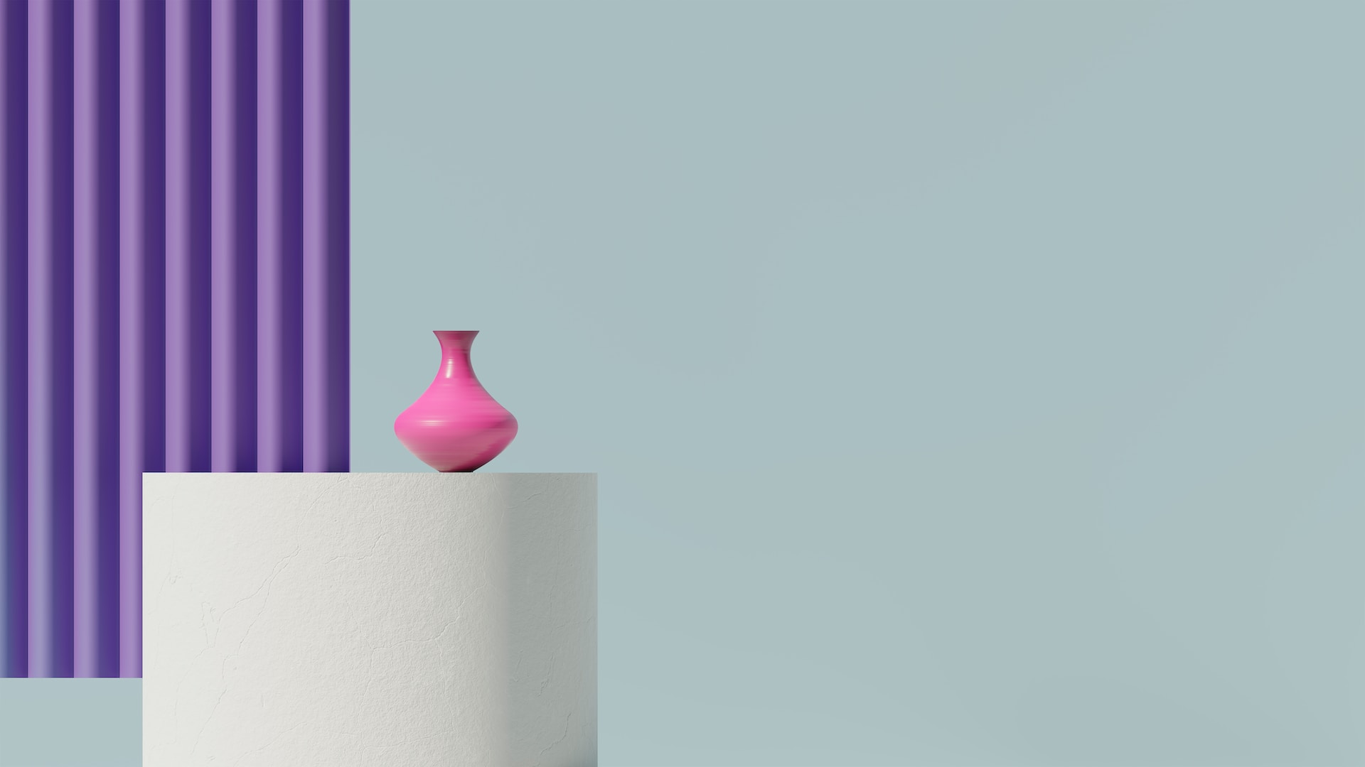 A pink vase on a light gray background with a purple stripes pattern