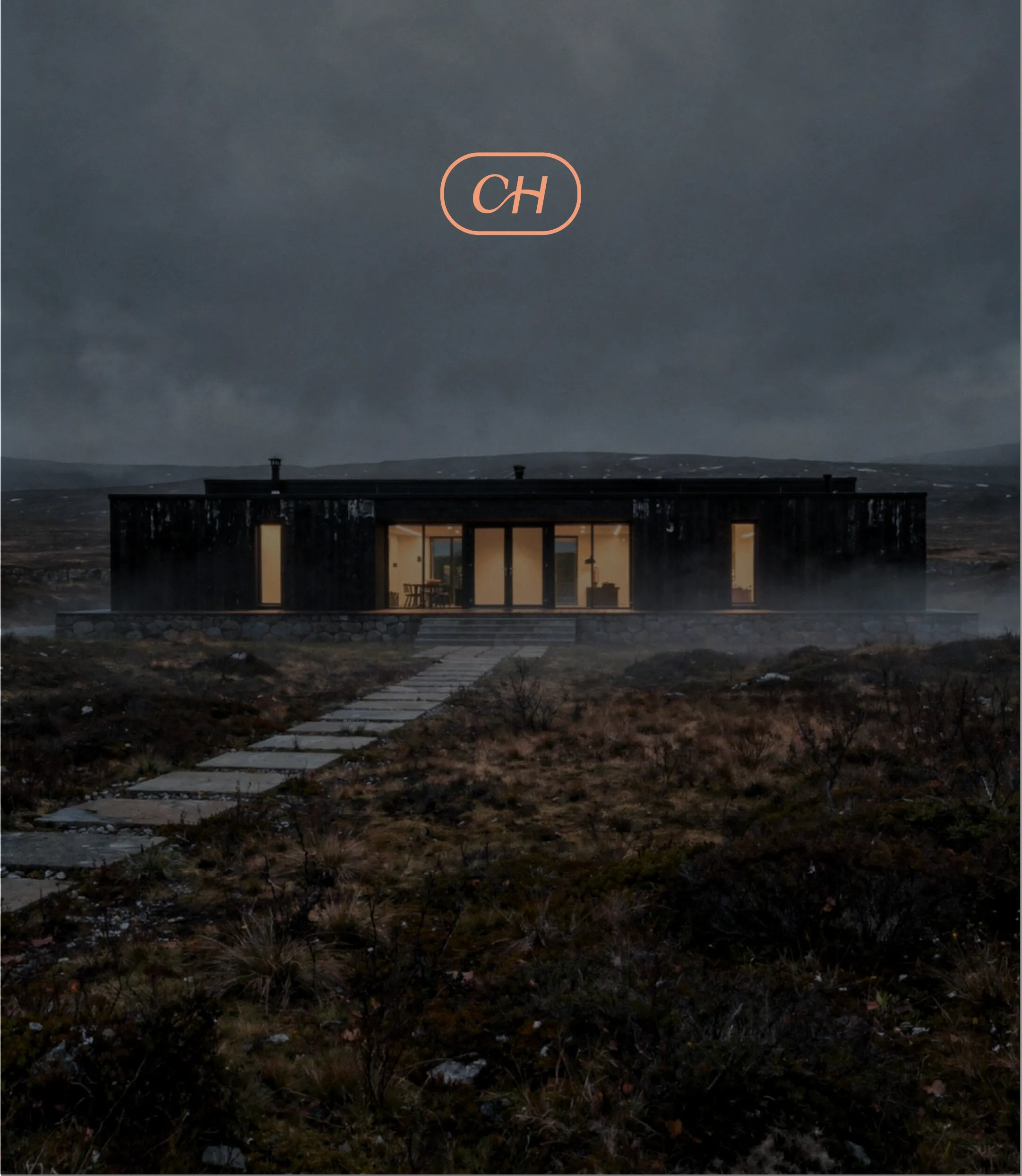 Camden's House brand identity — dark exterior building photography with CH monogram overlay