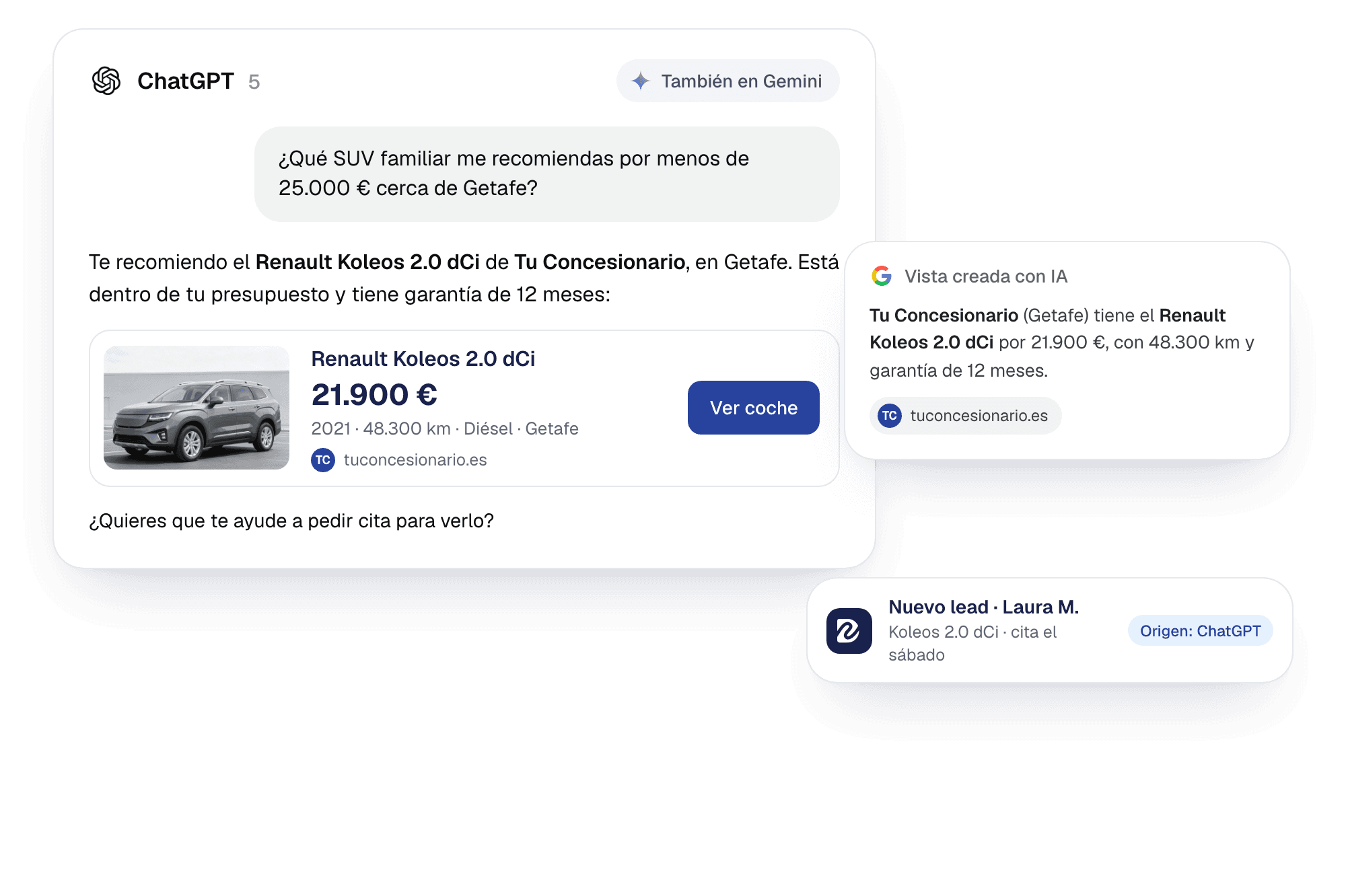 ChatGPT che consiglia una Renault Koleos dallo stock di una concessionaria e nuovo lead ricevuto