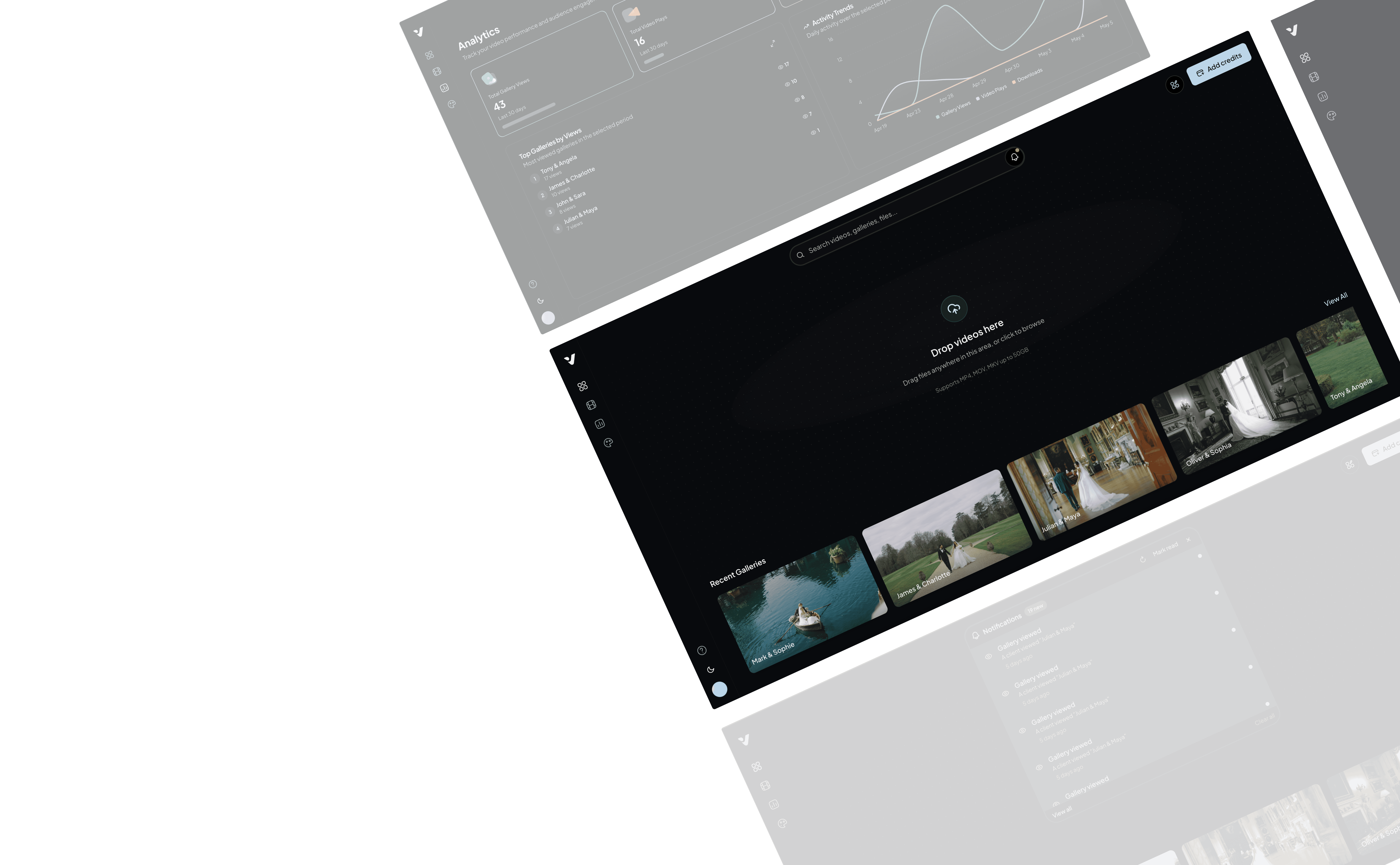 Dark Vyredo interface for designing wedding film galleries with video thumbnails, branding and delivery settings.