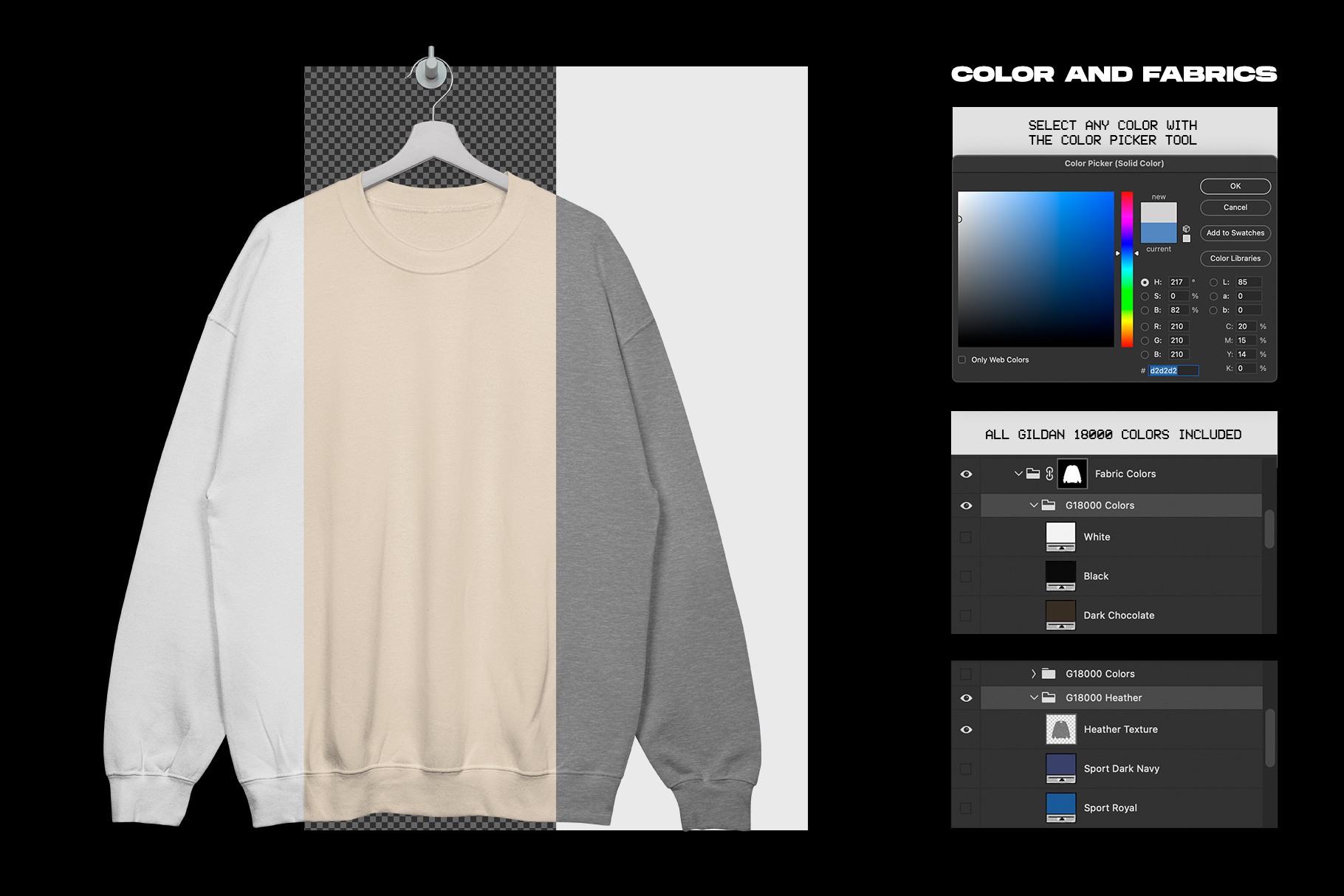 Gildan 18000 Crewneck Hanging mockup fabric color options with Photoshop controls