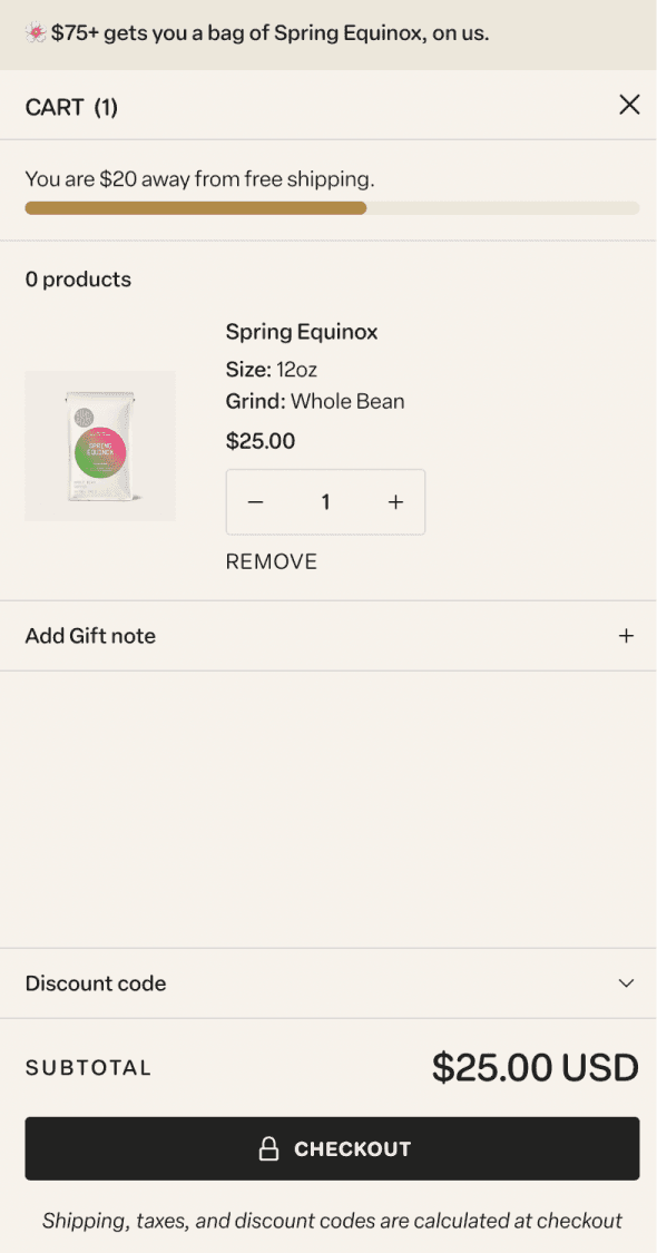 Mobile Shopify mini cart for Sightglass Coffee showing coffee product added and checkout flow