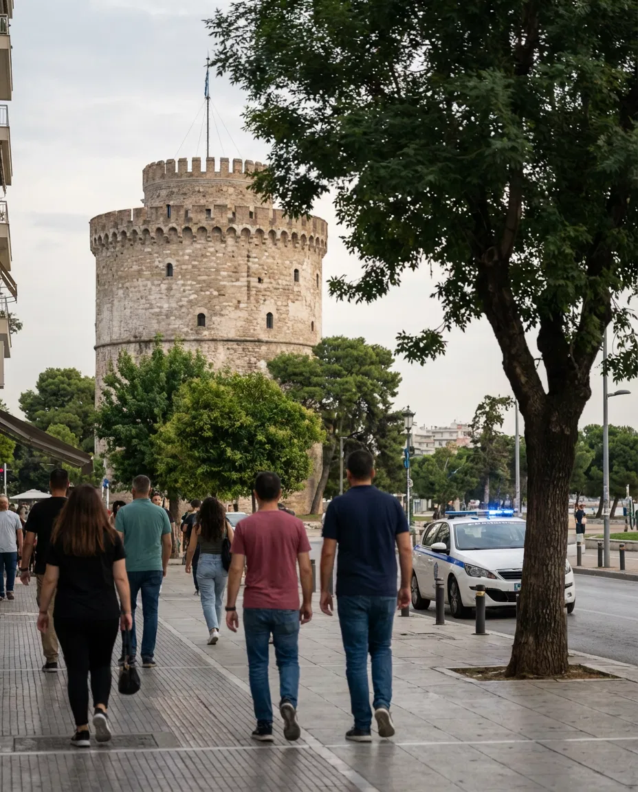 Street scene near Thessaloniki’s White Tower with subtle police presence.