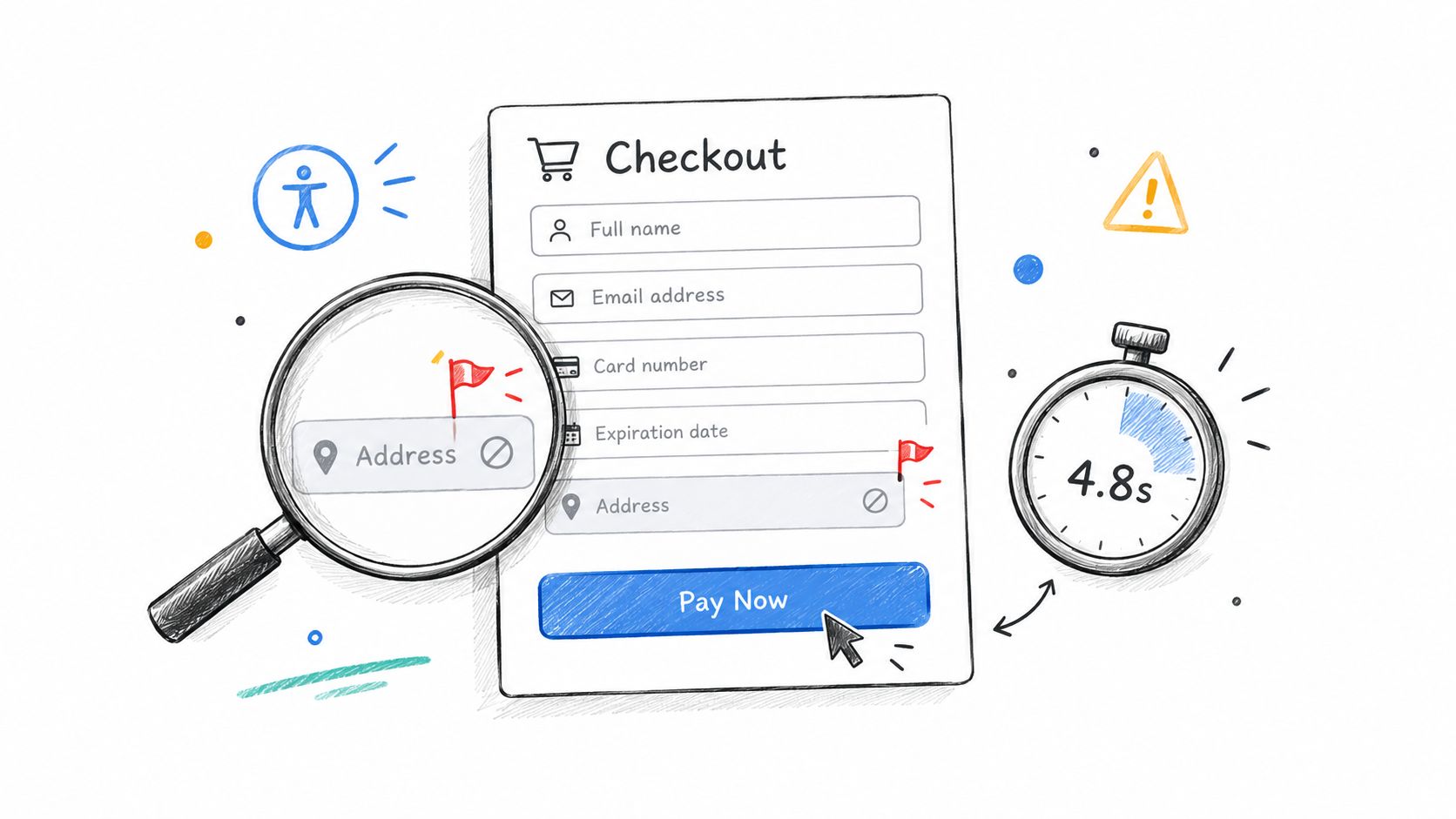 A hand-drawn illustration showing a checkout form with a magnifying glass, a timer, and usability error flags.