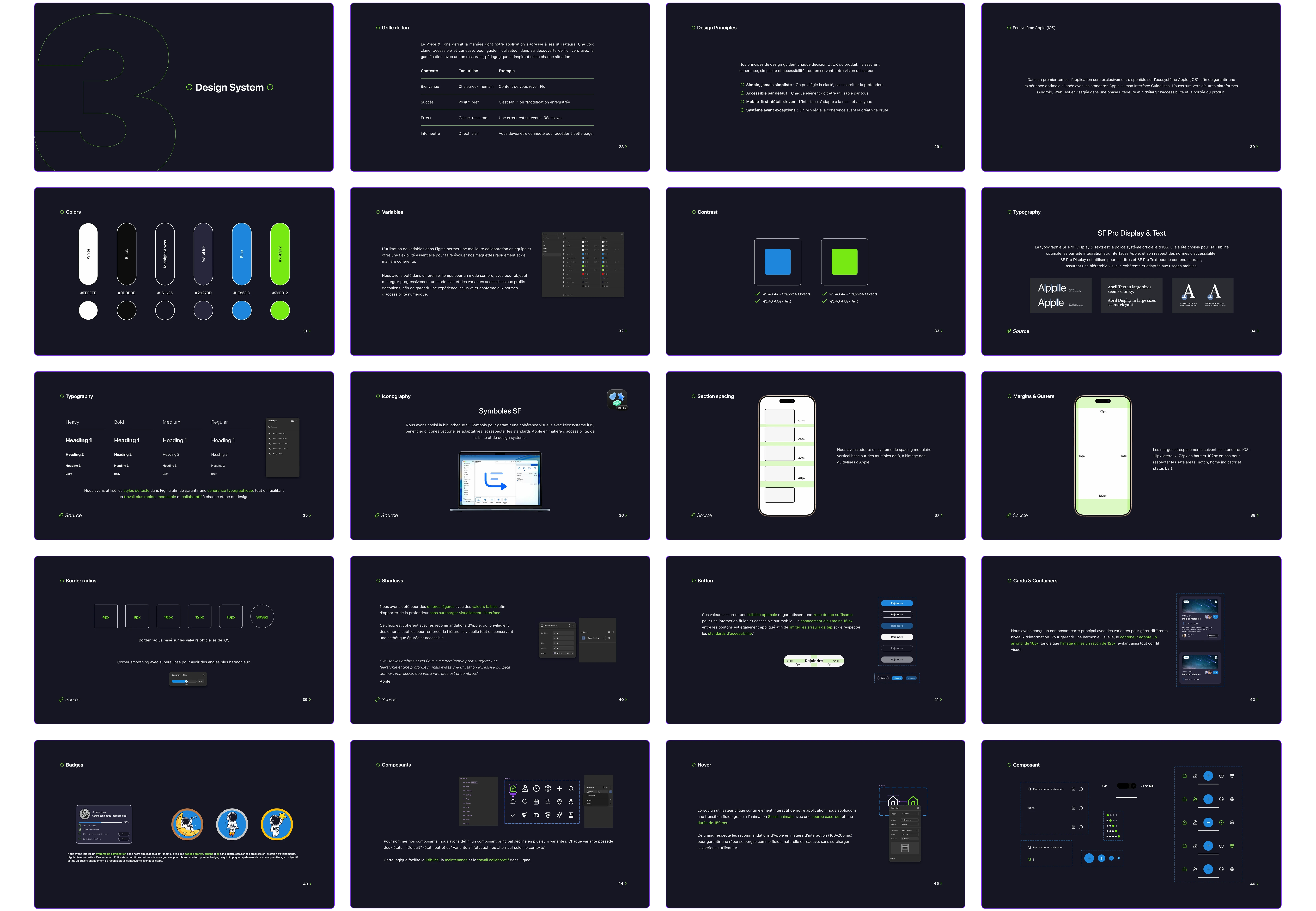 Design System & Accessibilité : Bibliothèque de composants atomiques basée sur les Apple Human Interface Guidelines (HIG), incluant la typographie SF Pro, l'iconographie SF Symbols et une grille modulaire de 8px.