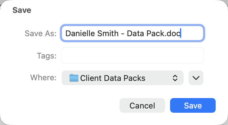The Save window with Danielle Smith - Data Pack.doc as the file name and Client Data Packs as the destination.