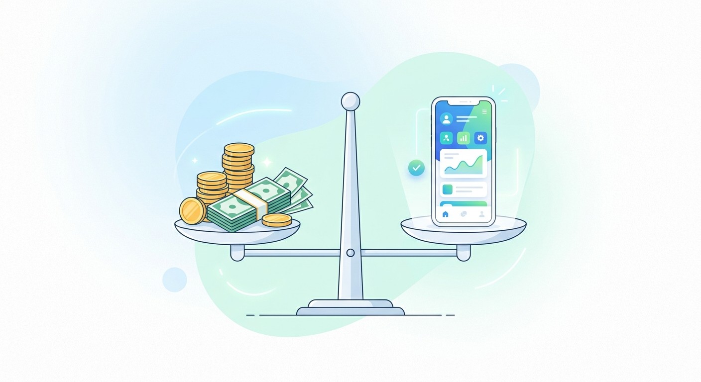A balance scale weighing a stack of coins and cash against a smartphone app, illustrating iOS developer cost
