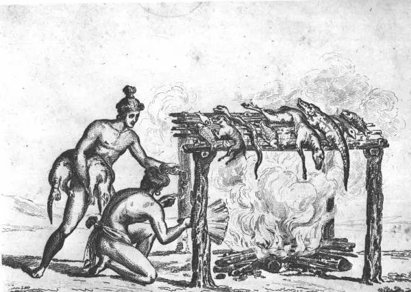 A drawing of indigenous people fanning a fire with meats being grilled above