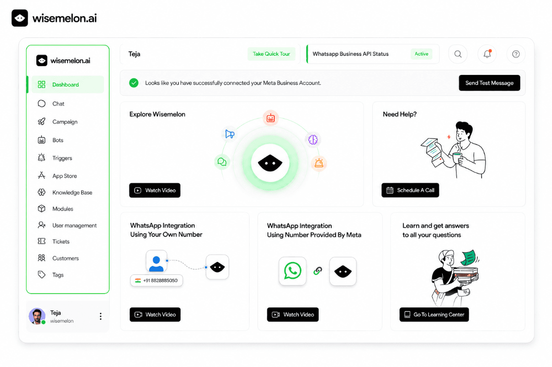 Wisemelon WhatsApp dashboard showing campaigns, automation, AI conversations, customer management and integrations
