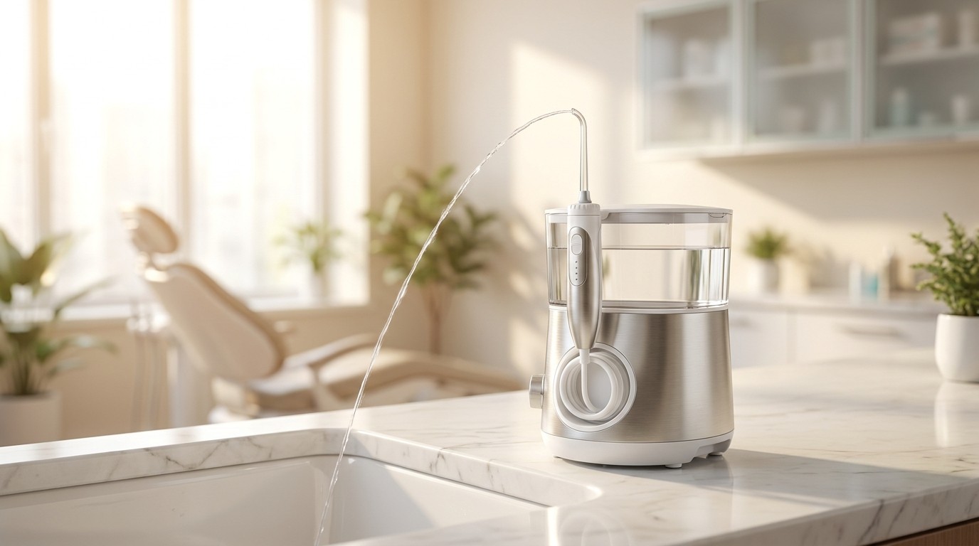 A countertop water flosser sends a stream of water to clean between teeth and along the gumline.