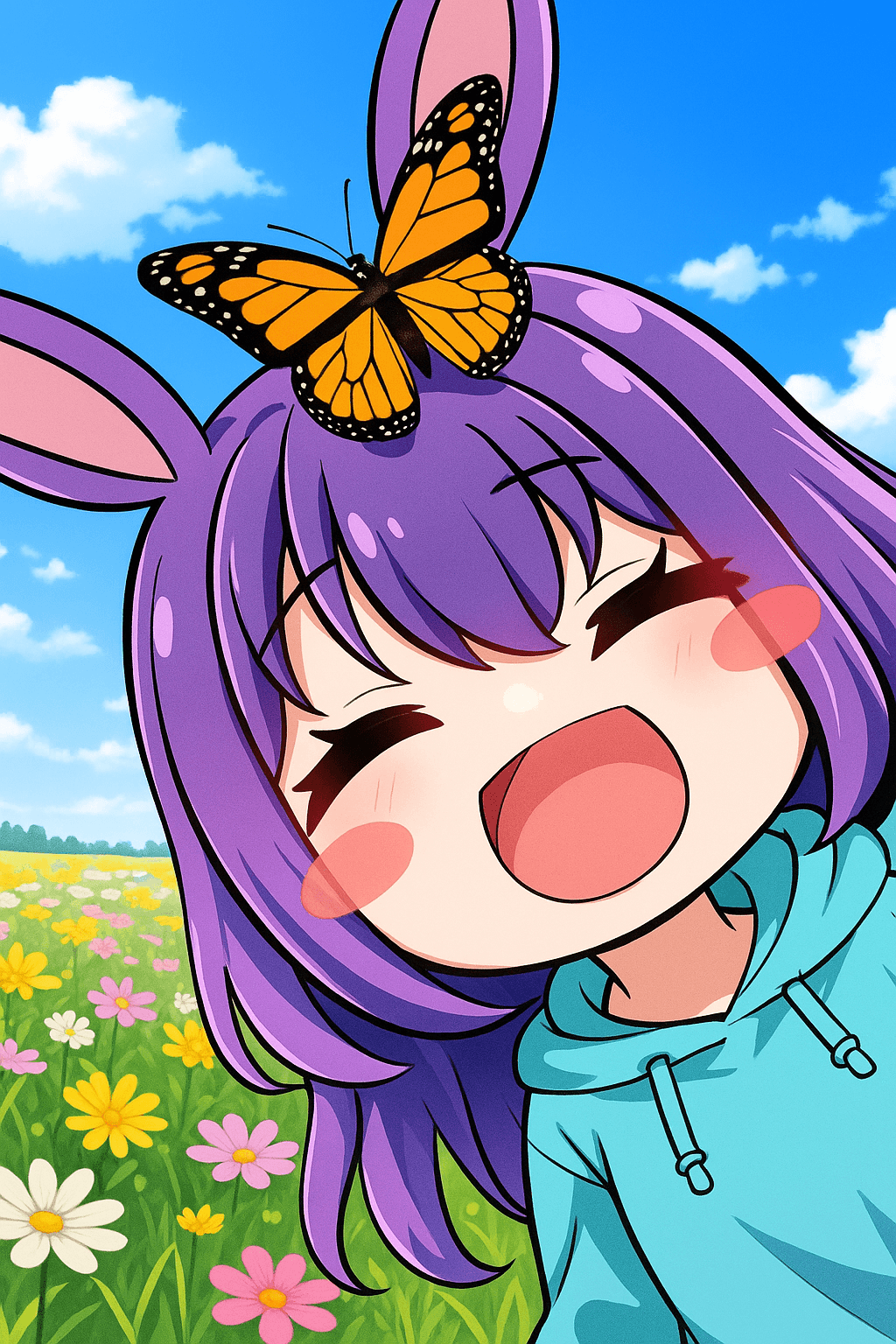 Bun.E in a field of flowers smiling with a butterfly on her head