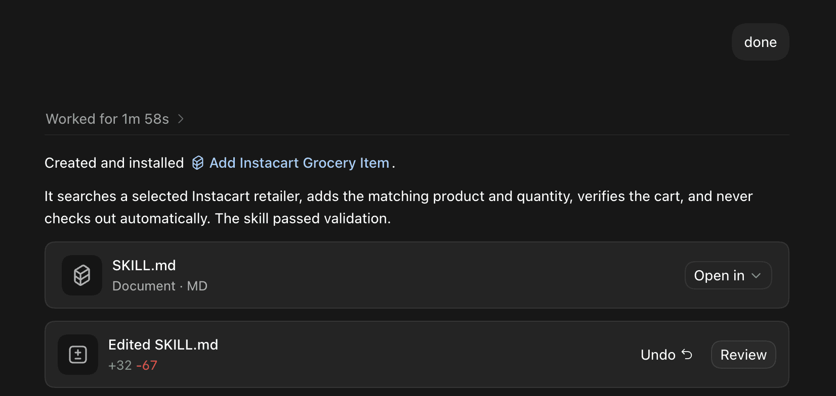 Codex automatically records a skill (grocery list skill) in Record and Replay