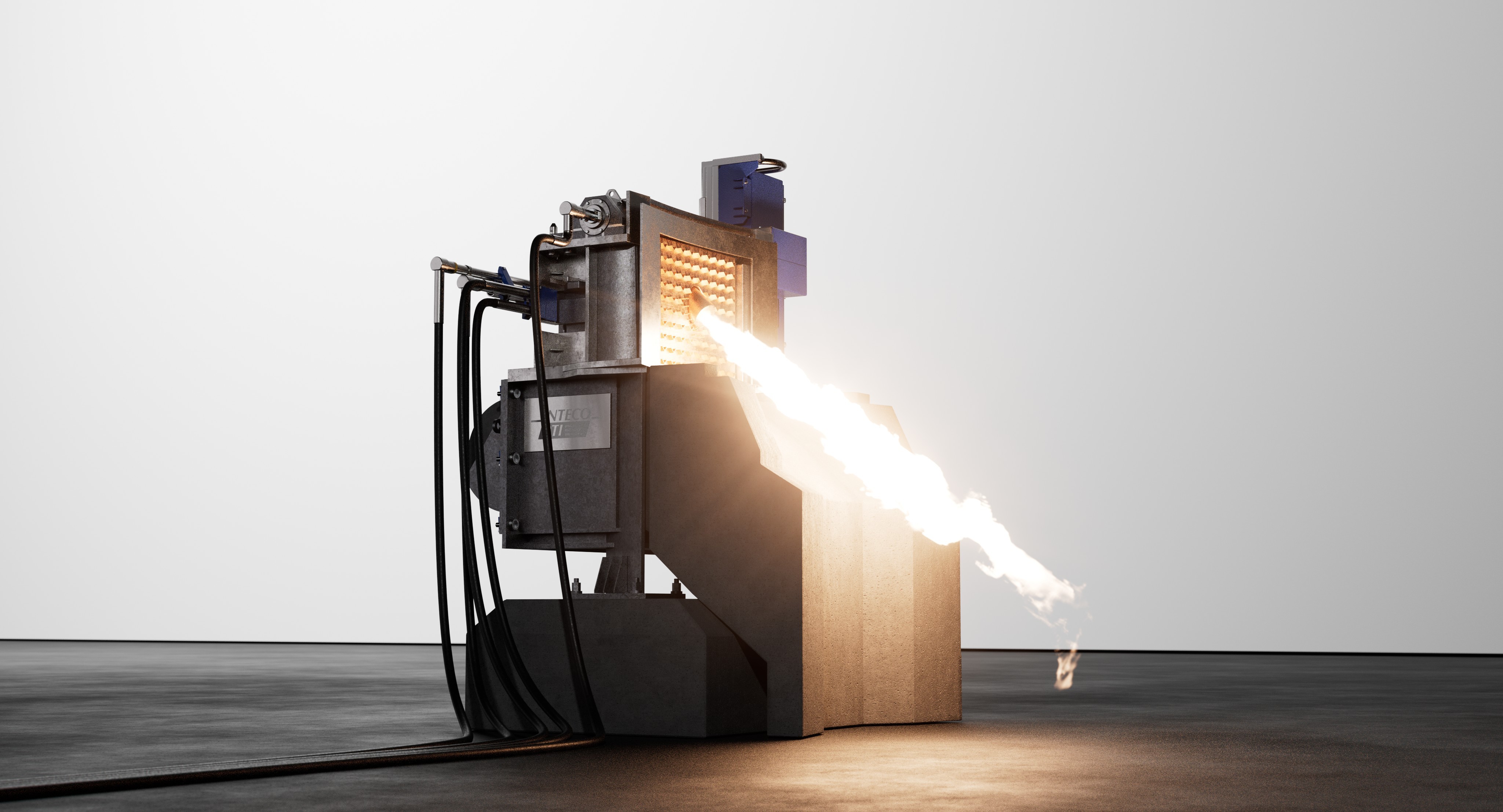 Industrial furnace visualization showing Inteco swing door during molten metal discharge