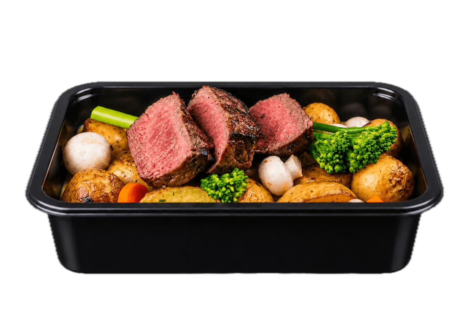 Hovězí steak Adifit s bramborami a zeleninou v celé černé vaničce