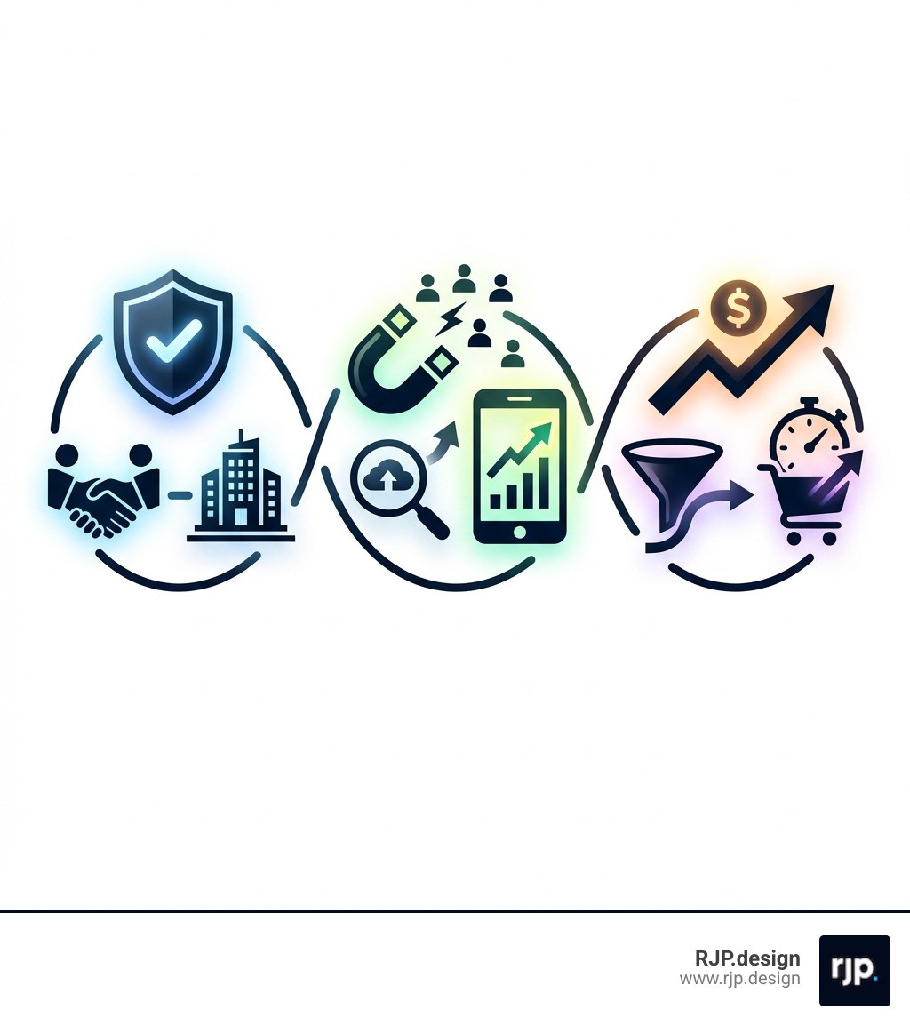 infographic showing three key benefits of professional web design: builds trust and credibility with 94% of consumers judging companies by design, attracts customers through SEO and mobile optimization with 50%+ of traffic from mobile devices, and increases sales with professional websites generating 28% more revenue and 37% higher conversion rates for fast-loading sites - small business web design service infographic 