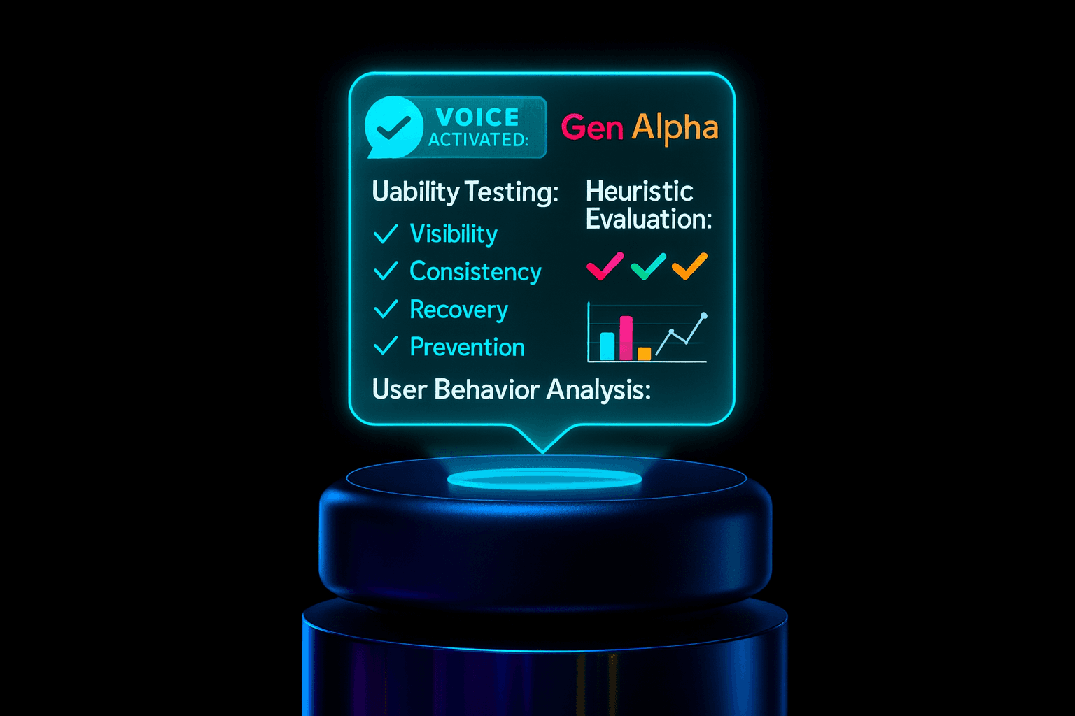 Voice-activated Gen Alpha device interface with usability testing overlays and heuristic evaluation indicators