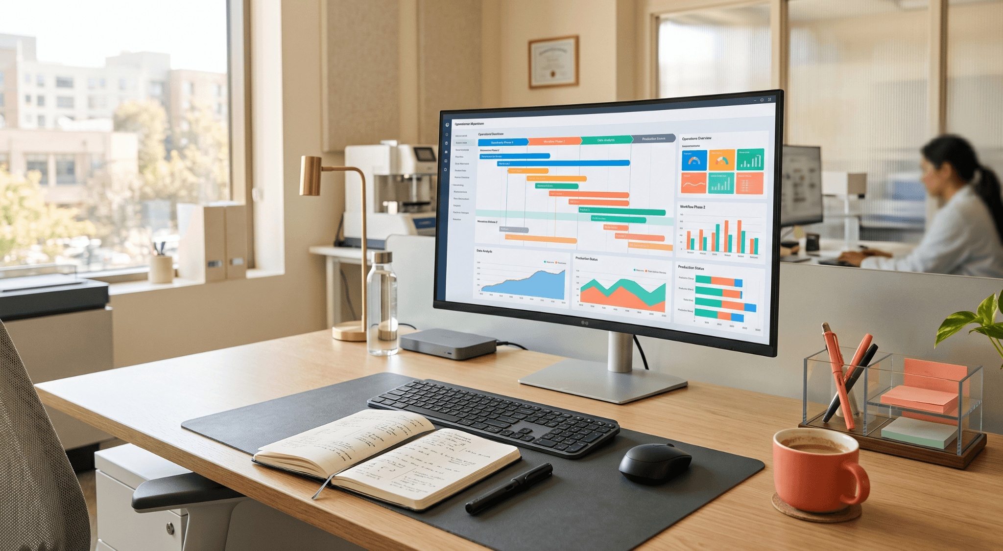Clean pharmaceutical operations workspace with a stage-based process dashboard on monitor, soft natural lighting