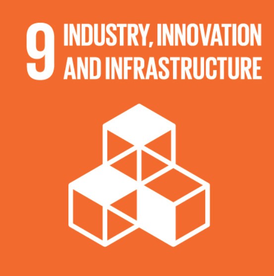 The image represents the ninth United Nations Sustainable Development Goal (SDG 9), which is "Industry, Innovation and Infrastructure." It features an orange background with the text "9 Industry, Innovation and Infrastructure" at the top. Below the text, there is a white icon of three interconnected cubes, symbolizing the goal's focus on building resilient infrastructure, promoting inclusive and sustainable industrialization, and fostering innovation.