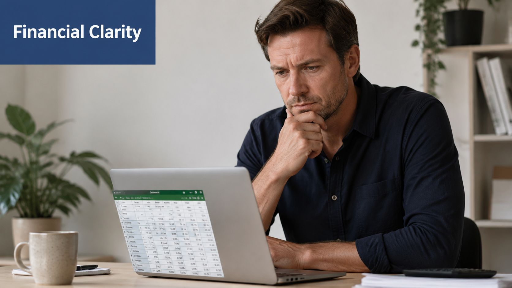 A focused man analyzing financial spreadsheet data on his laptop screen while sitting at his desk.