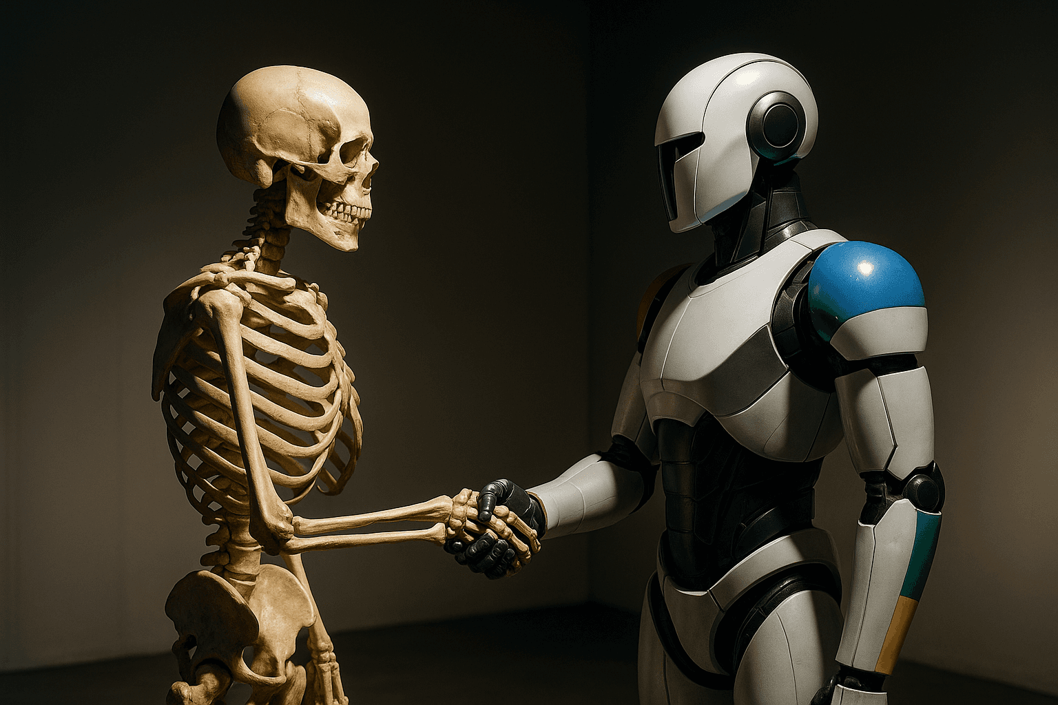 Skeleton and robot shake hands