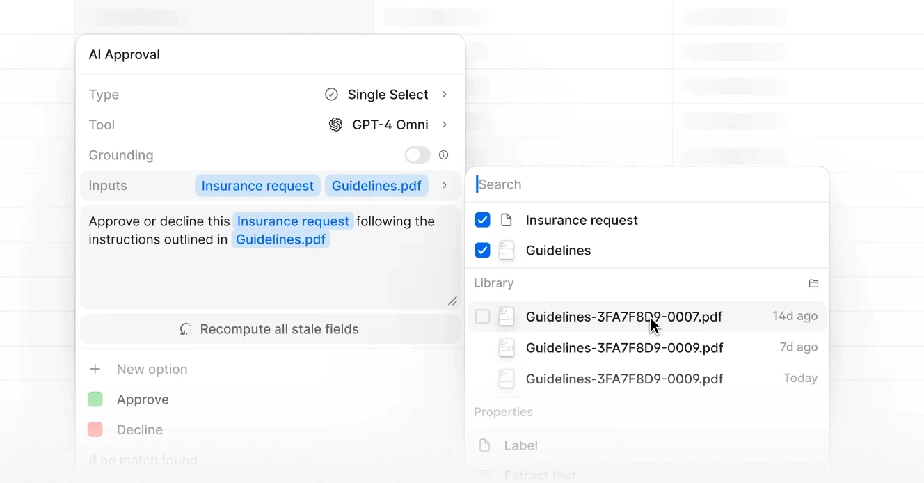 An AI approval interface panel showing options to approve or decline an insurance request based on Guidelines.pdf, with a file selection sidebar displaying multiple versions of guidelines documents sorted by date.