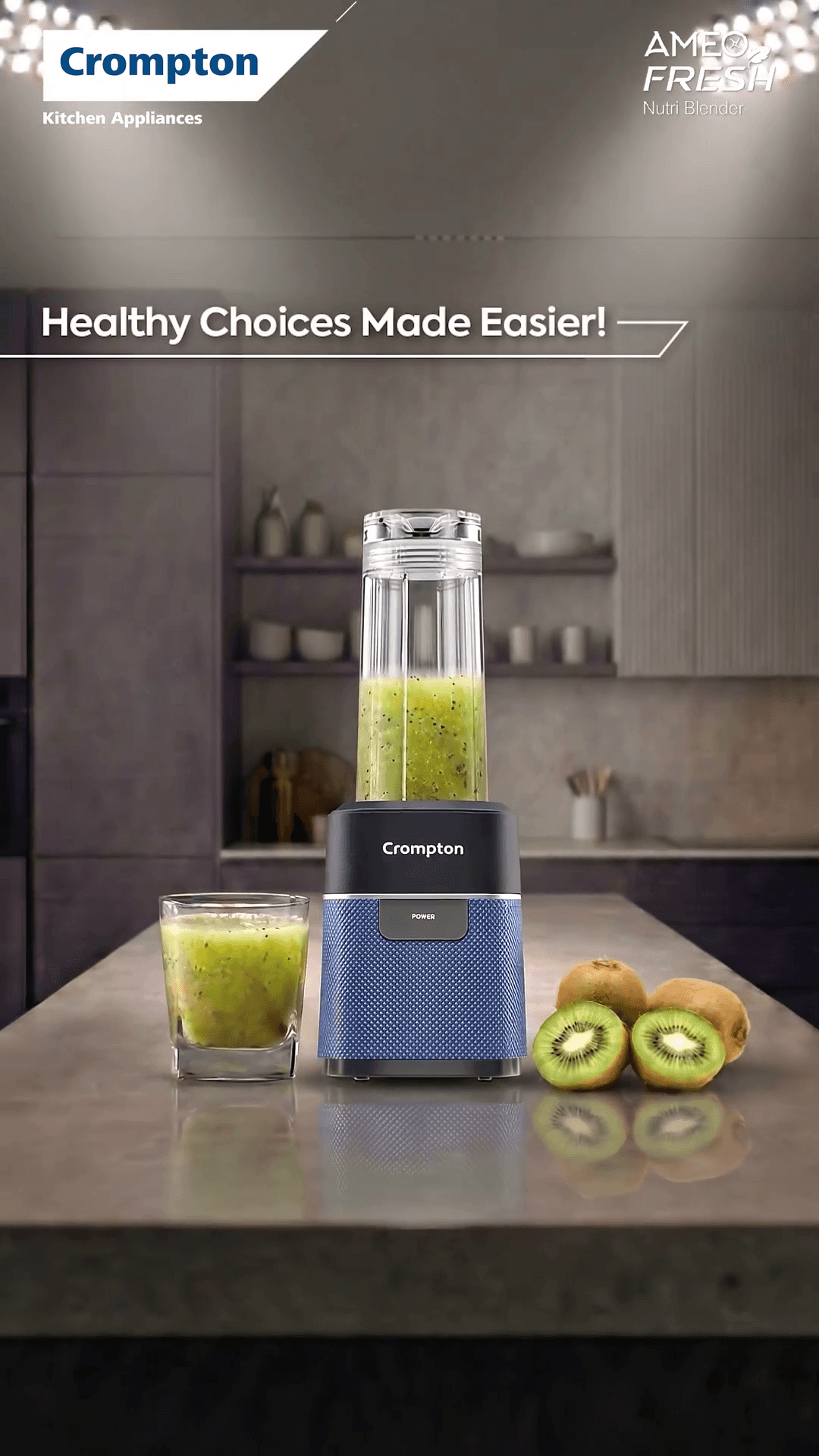 Crompton mixer grinder product shoot with kiwi smoothie and modern kitchen backdrop.