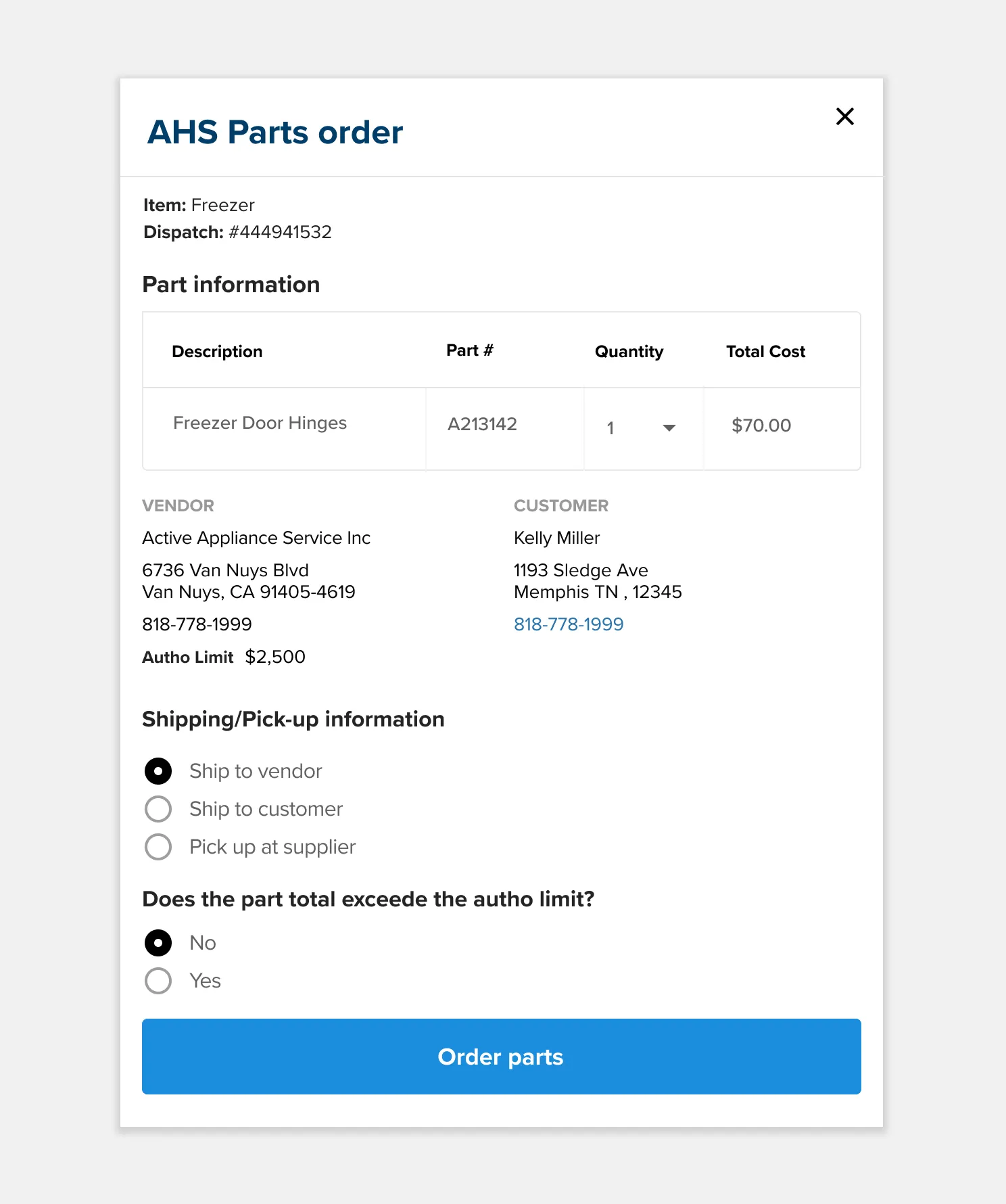 Service contractor parts order and verifcation modal