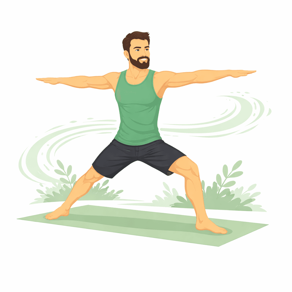A man in a green tank top and shorts performs a yoga pose outdoors, surrounded by gentle greenery.
