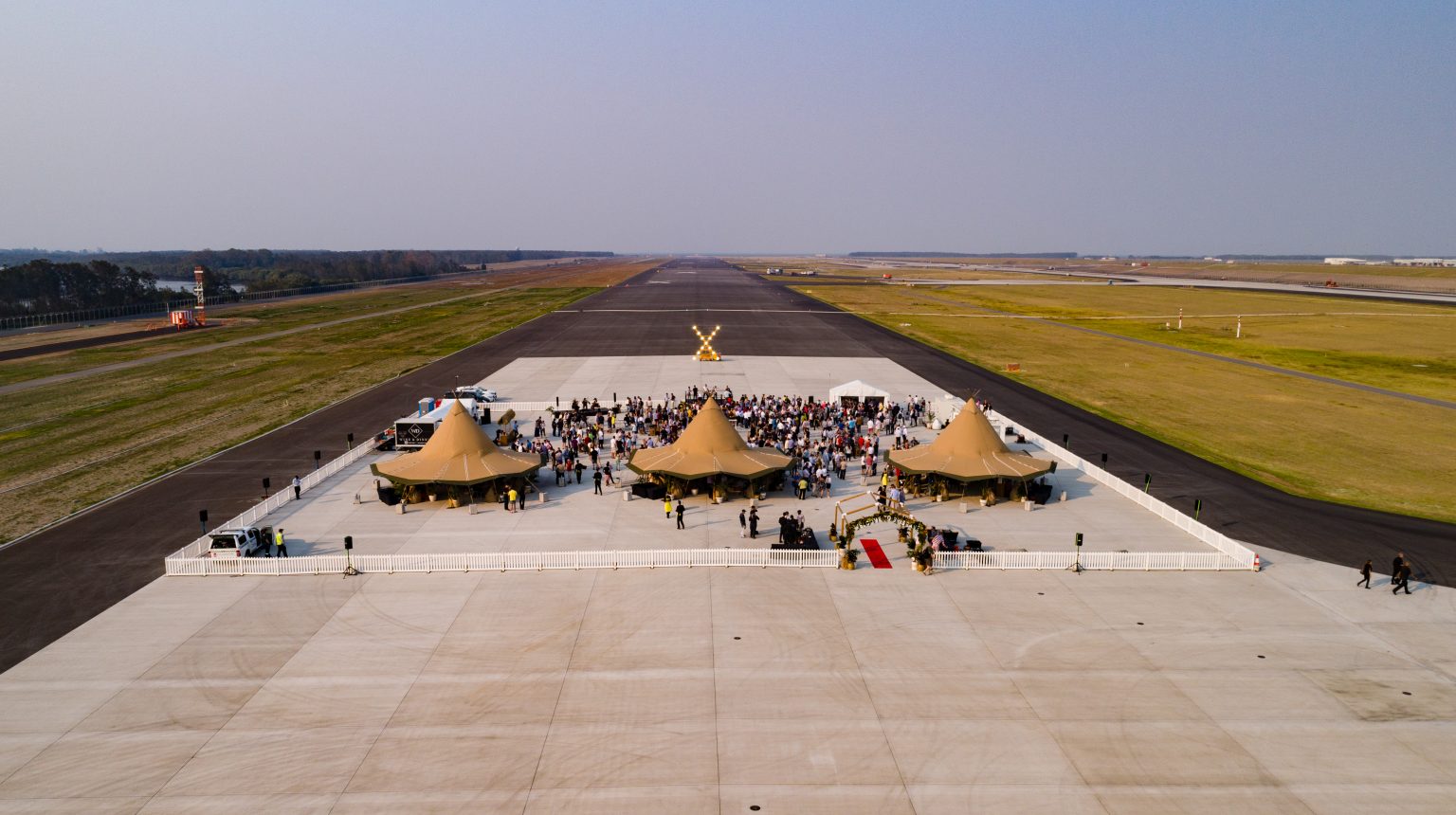 Tipi event set up on the runway at Brisbane Airport