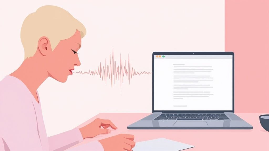 A person speaking into their MacBook, which is transcribing their words into text on the screen.