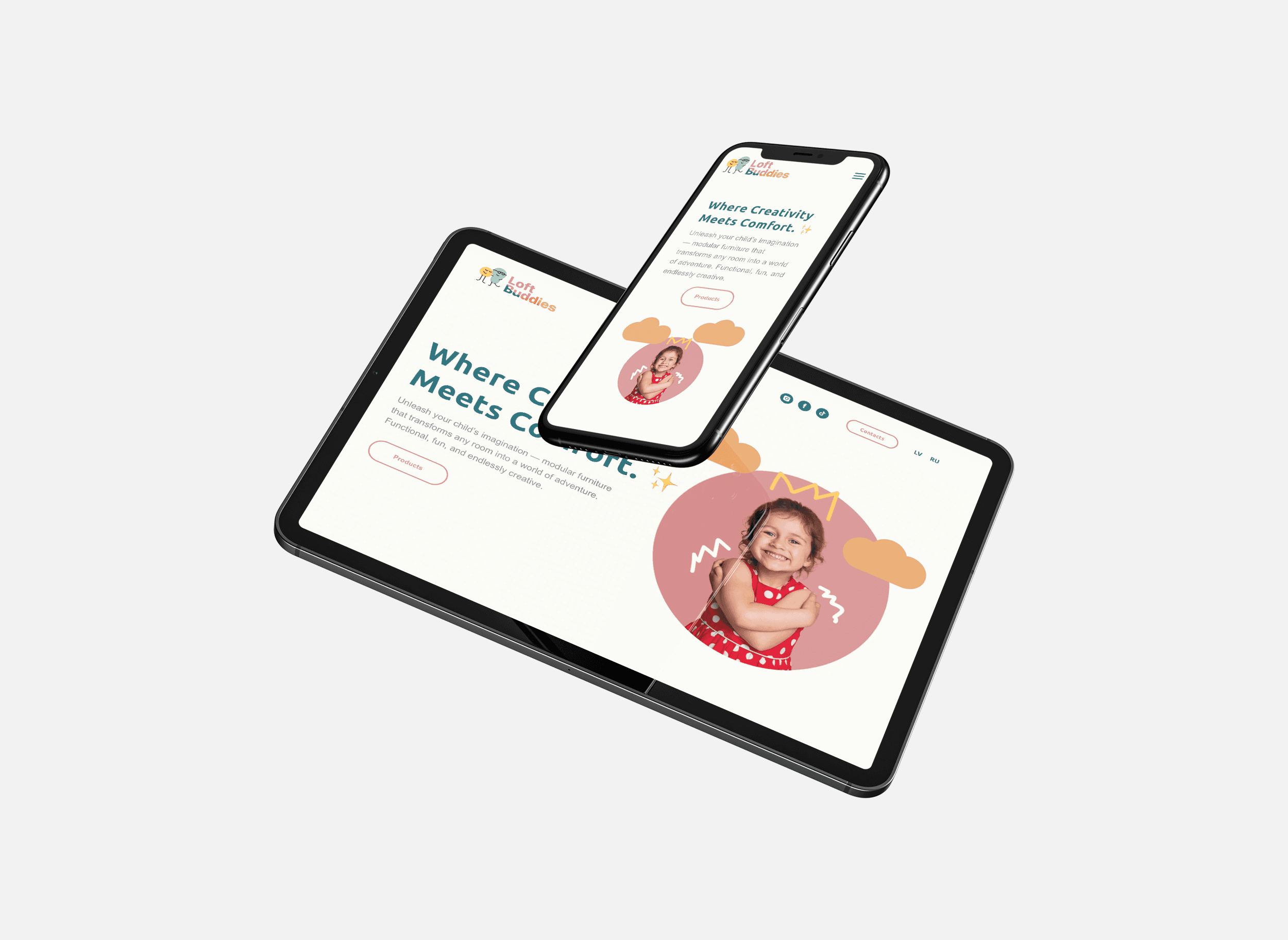 Loft Buddies children's furniture website design shown on tablet and phone by ReachBeyond