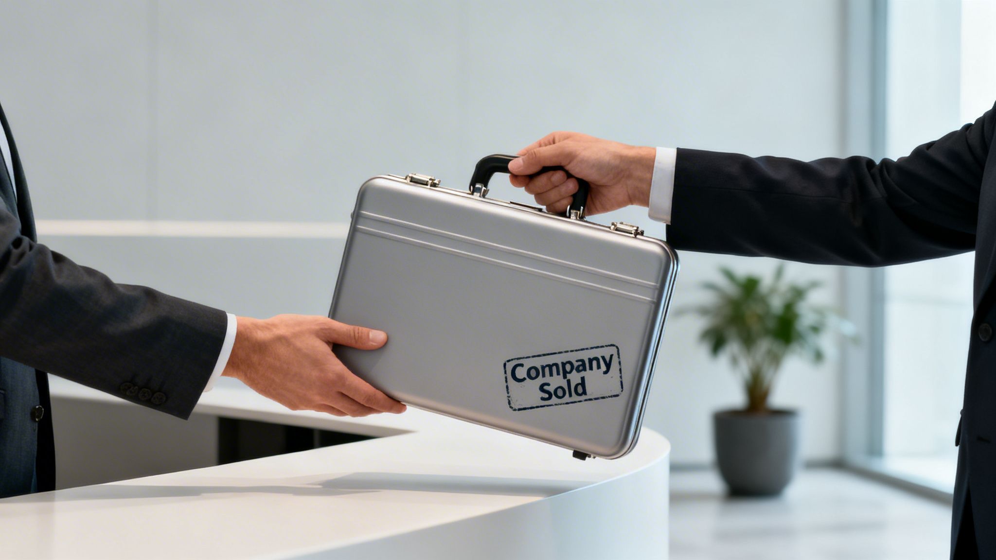 Two businessmen in suits exchange a silver briefcase stamped with 'Company Sold', symbolizing a business acquisition.