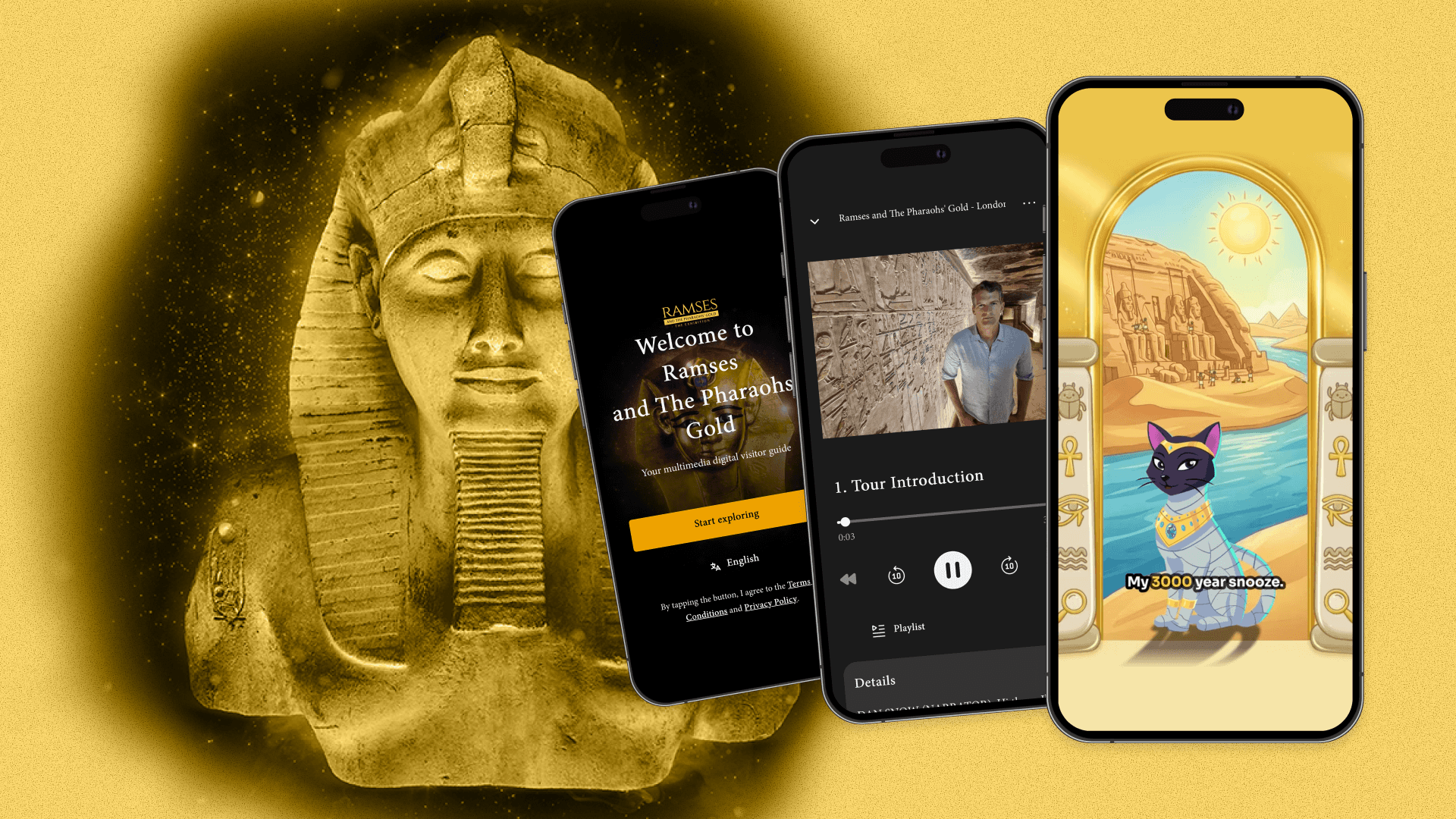 Screenshots of a mobile application. In the background is a large Egyptian statue.