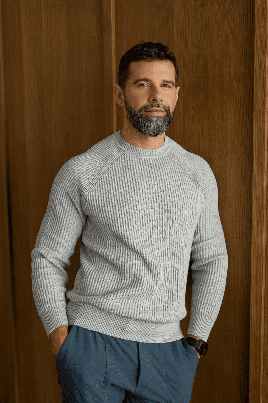 A bearded person wearing a light gray ribbed sweater and blue pants stands against a wooden background, exuding a casual and stylish look.