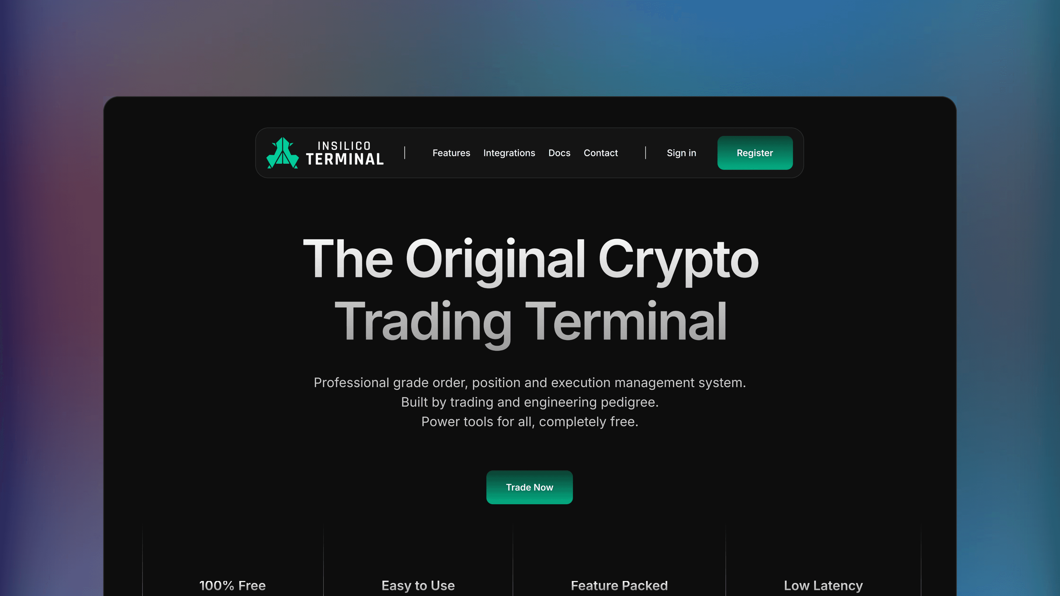 Website preview of Insilico Terminal, trade management execution platform showing an interface with visual and command line order entry.