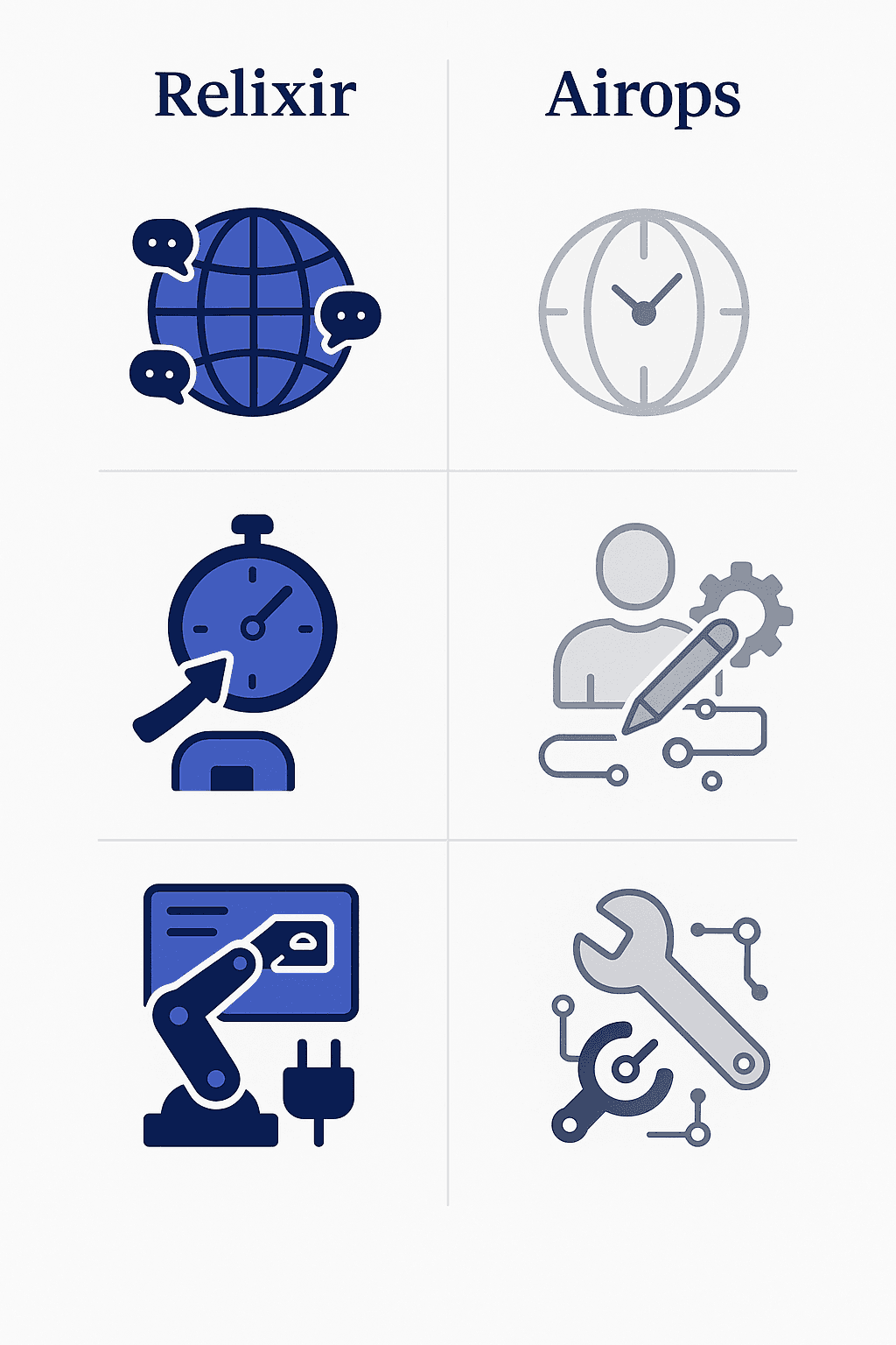 Side-by-side vector showing Relixir’s autonomous speed and broad AI coverage contrasted with Airops’ human-guided