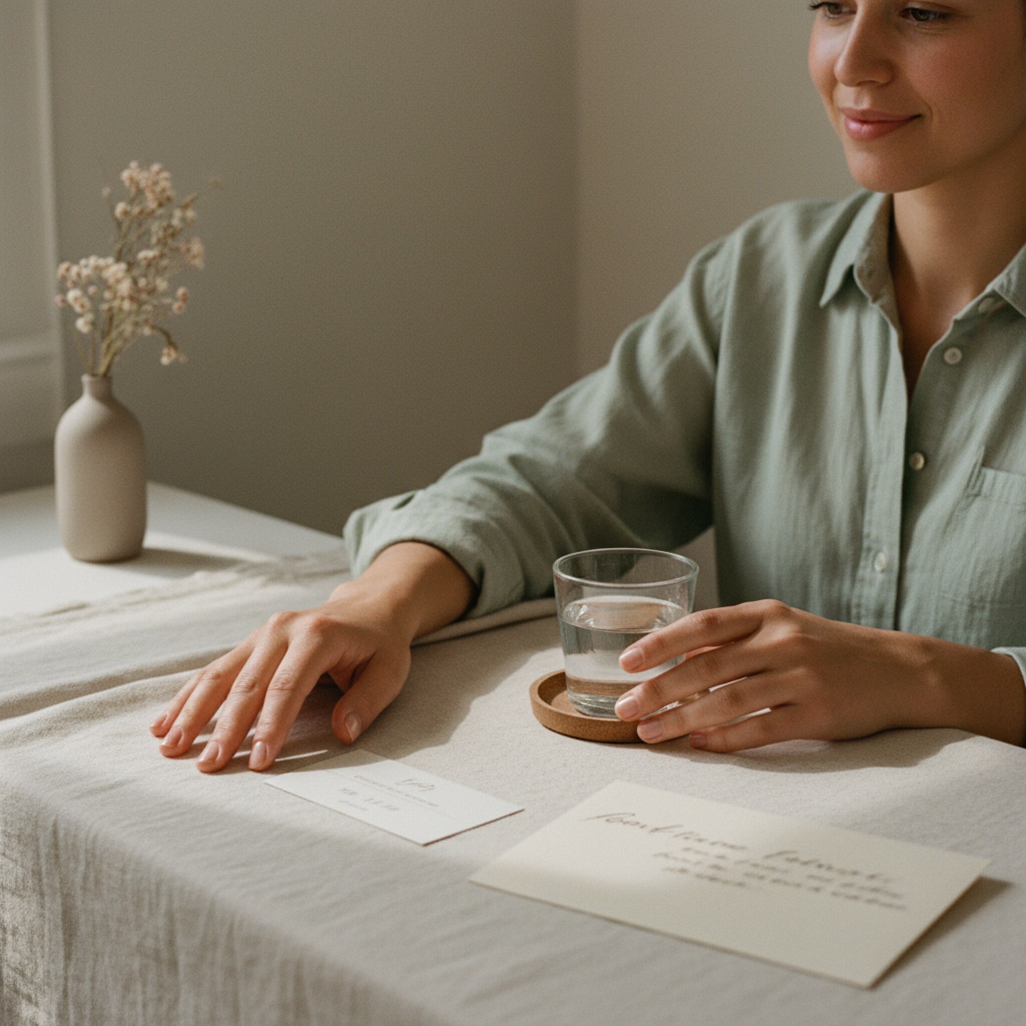 Eine kleine Terminkarte liegt neben einer zarten Hand mit frischem Glanzlack. Daneben ein schlichtes Kuvert mit einer handgeschriebenen Notiz. Die Stylistin reicht freundlich ein Glas Wasser. Die Atmosphäre vermittelt Verbindlichkeit und Wertschätzung, ohne Hektik oder Ablenkung.