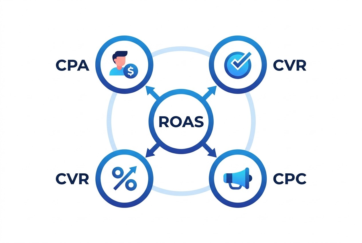 ROASと主要広告指標の相関関係。中央のROASは他4指標と連動するため、改善時は複数指標の同時最適化が重要となる。