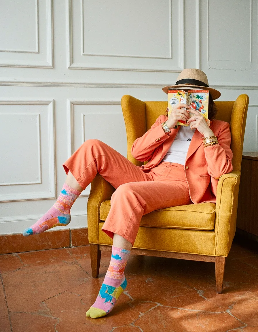 Person in coral suit and straw hat reading on mustard yellow armchair, showcasing colorful patterned socks against terra cotta flooring