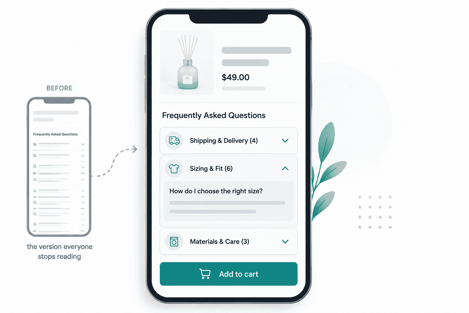 Diagram comparing a shopper question routed to a support inbox versus answered directly on the product page
