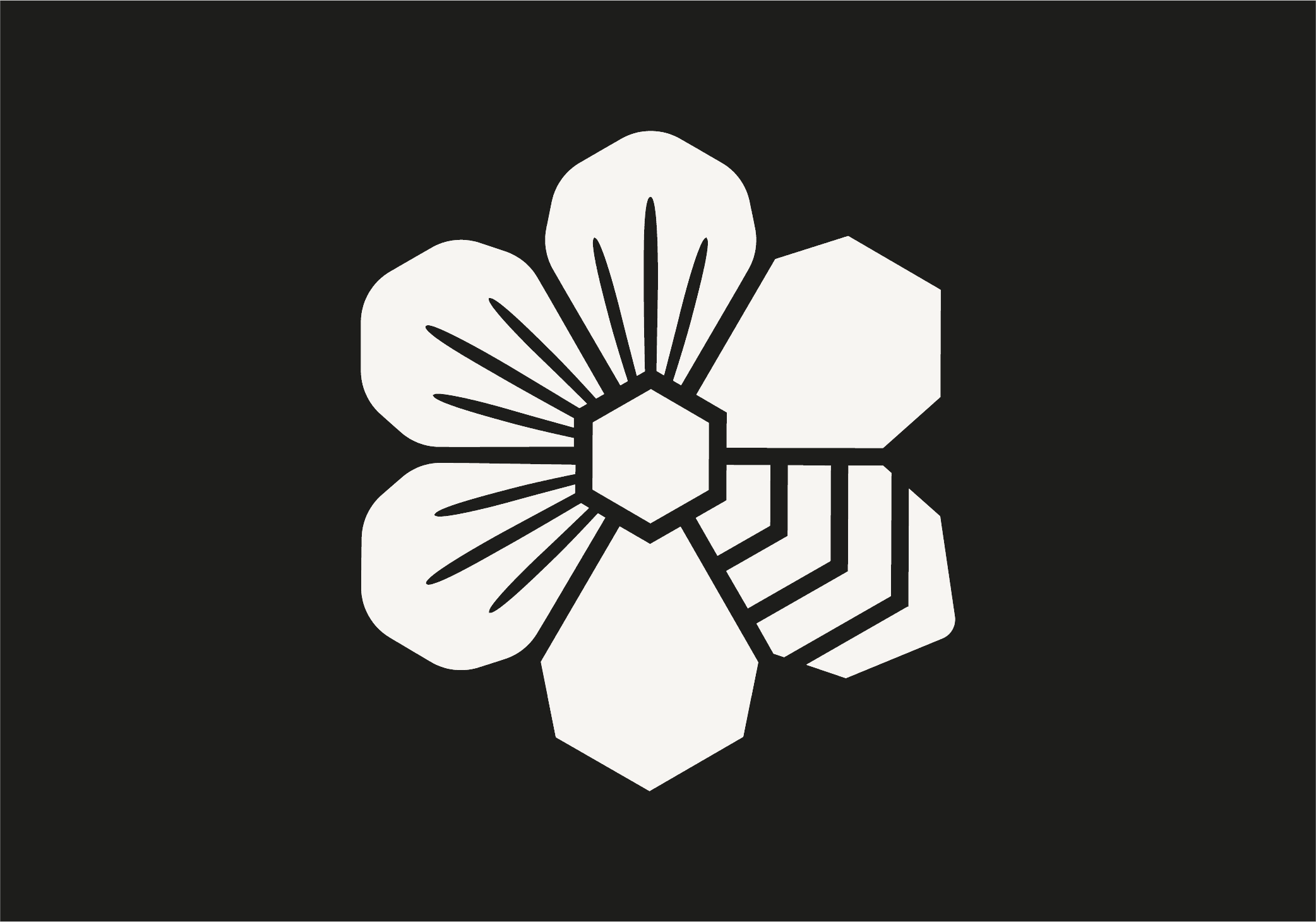 White logo on a black background with a flower and bee combined