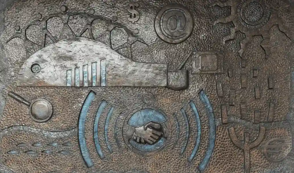 Abstract metal artwork with handshake, bar graph, and magnifying glass symbols.